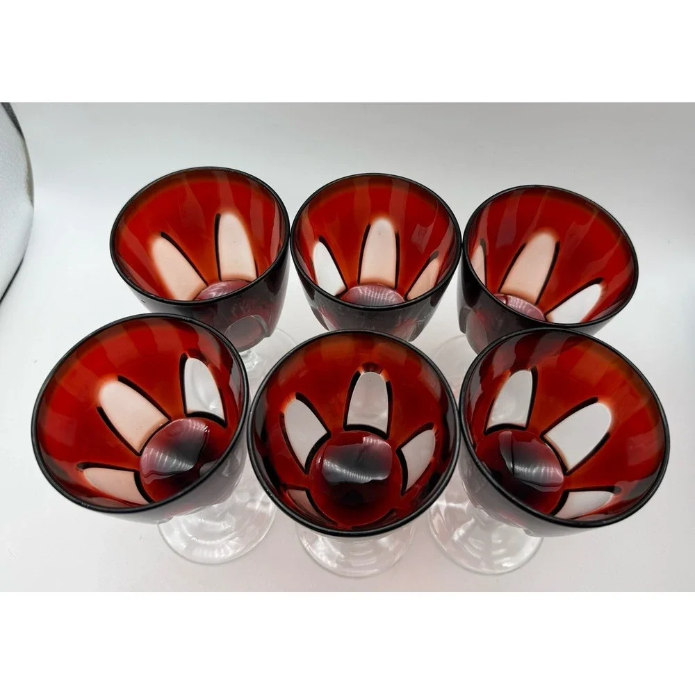 Set of 6 Cristal D'Arques Durand Gothic Wine Glasses Ruby Red Cut To Clear 1970s